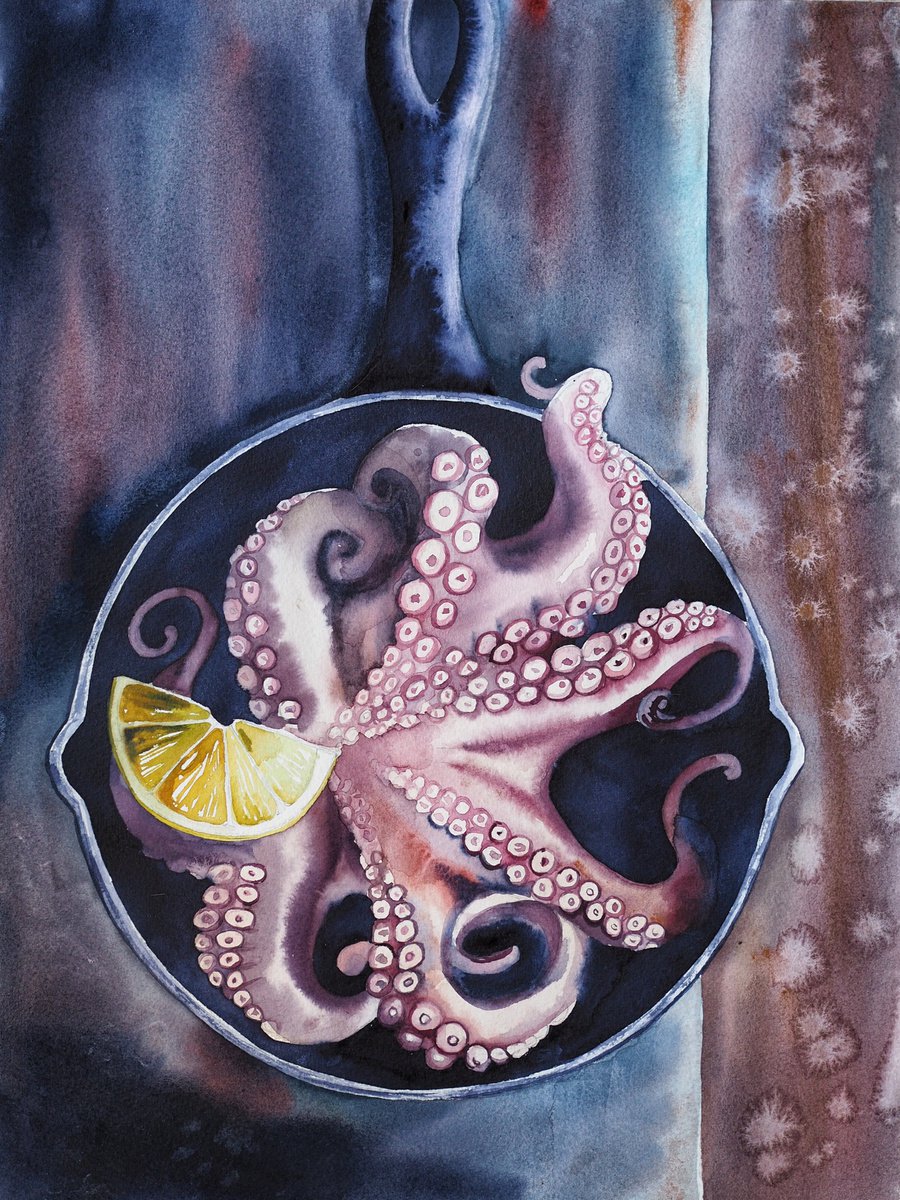Still life with octopus in a pan by Delnara El