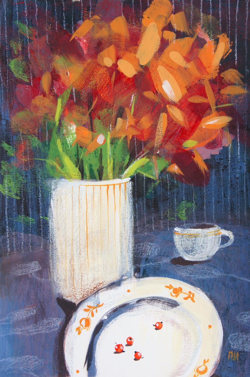 Impressionistic Still Life Painting By Irina Plaksina, 9 X 13, Warm Evening In Your Home, Original Artwork