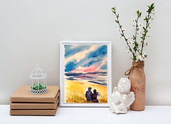 Couple Painting Beach Original Art Seascape Watercolor Ocean Artwork Small Home Wall Art 8 by 12" by Halyna Kirichenko