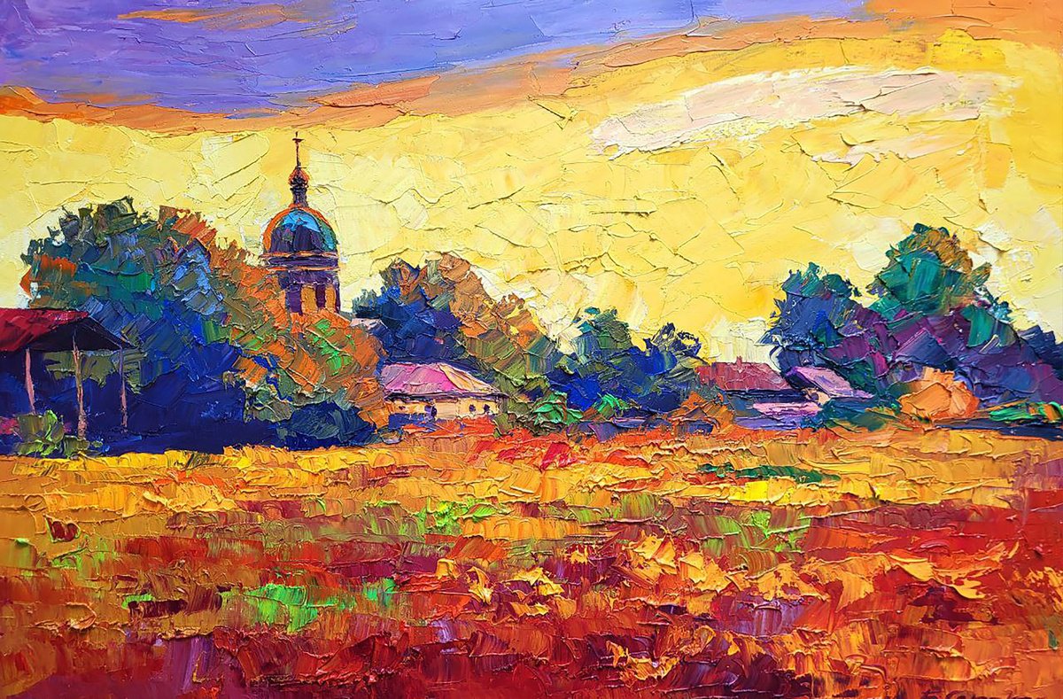 Impressionistic Landscape Oil Painting By Boris Serdyuk, 35 X 24, Sunset Over The Village, Original Artwork