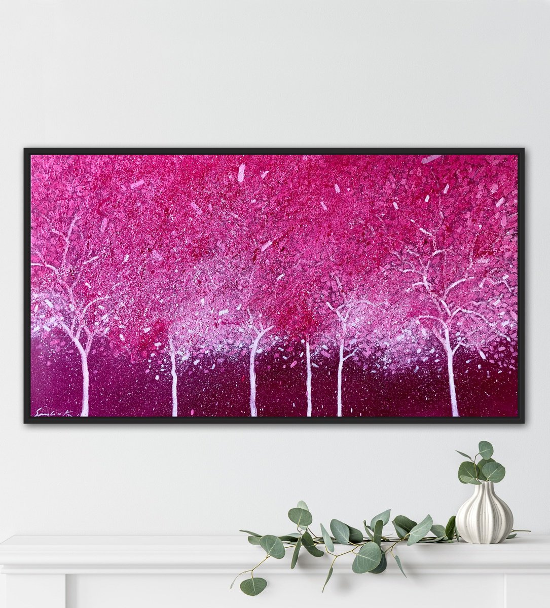 Impressionistic Landscape Oil Painting By Volodymyr Smoliak, 35 X 20", Pink Garden, Original Artwork