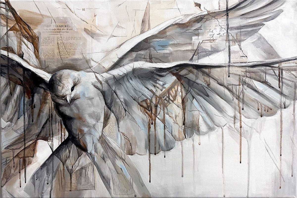 Surrealistic Animal Painting By Julia Shilo, 24 X 16", White Beige Blue Pigeon Abstract Bird, Original Artwork