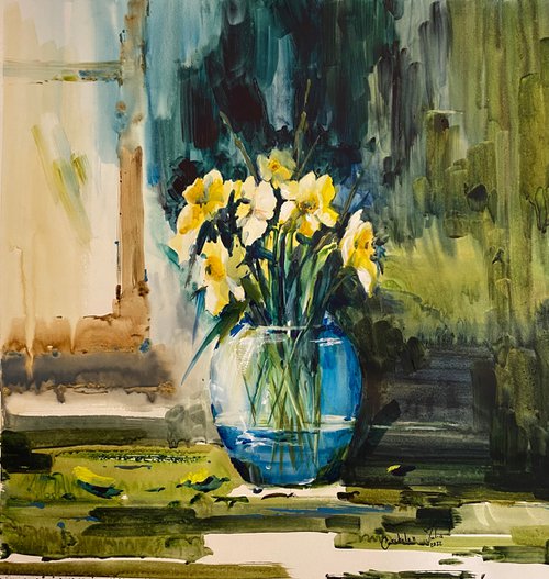 Watercolor “Still life with daffodils” perfect gift by Iulia Carchelan