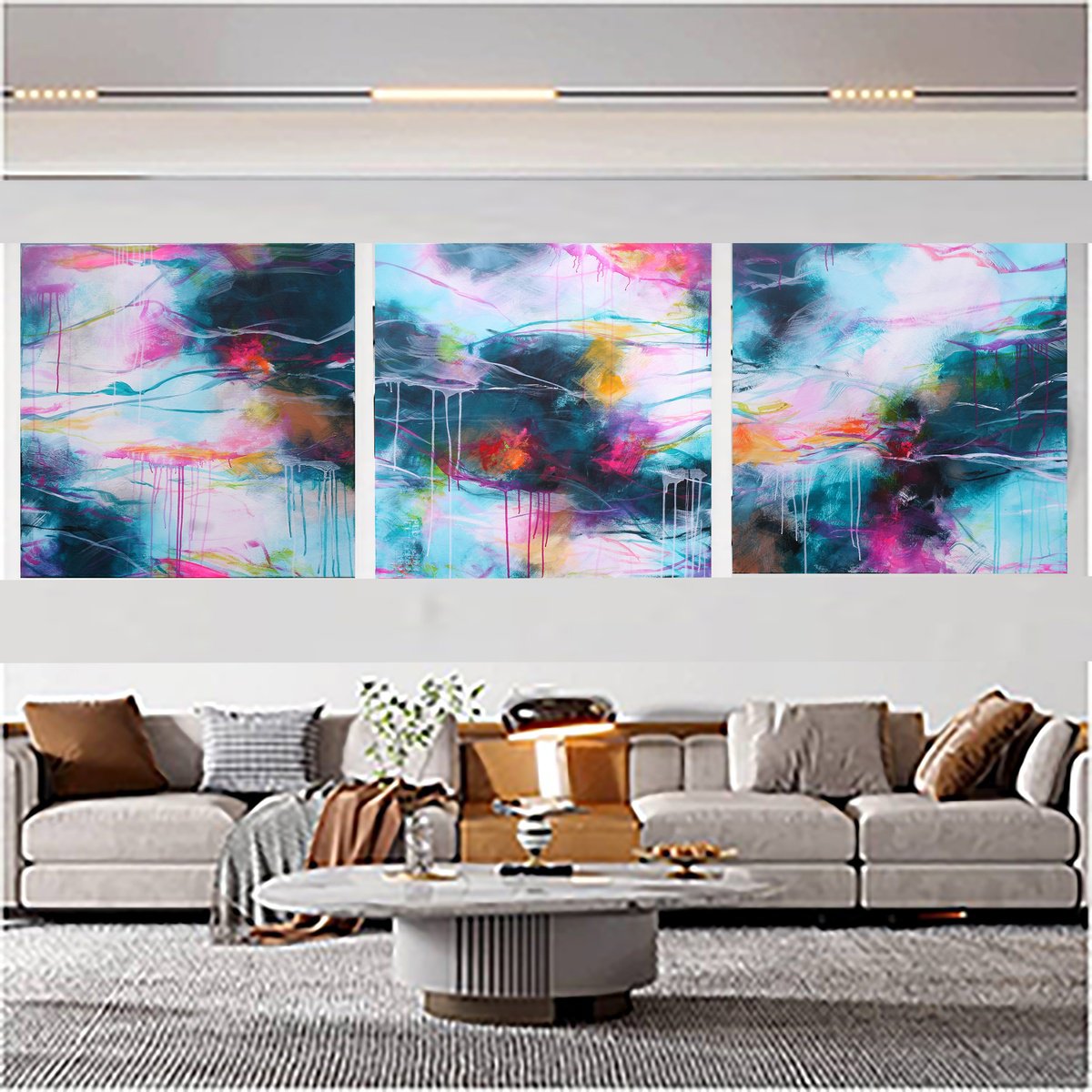 Abstract Acrylic Painting By Susan Wooler, 94 X 31", Xxxl Coming Back Home Triptych, Original Artwork
