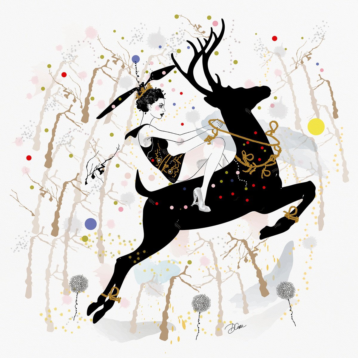 Illustrative Animal Print By Artemisia, 12 X 12, Vallery And Fallow Deer, Original Artwork