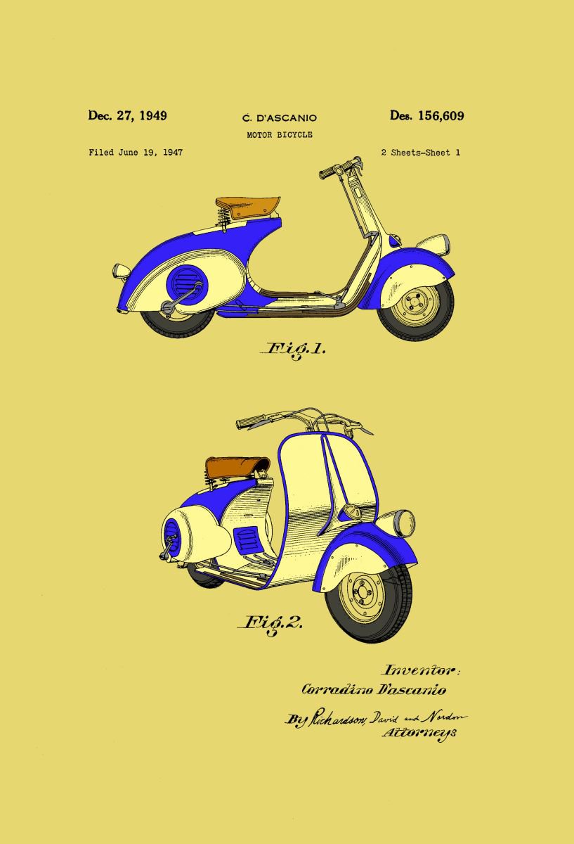 Motor Bicycle Patent - Circa 1949 - Blue and Cream by Marlene Watson