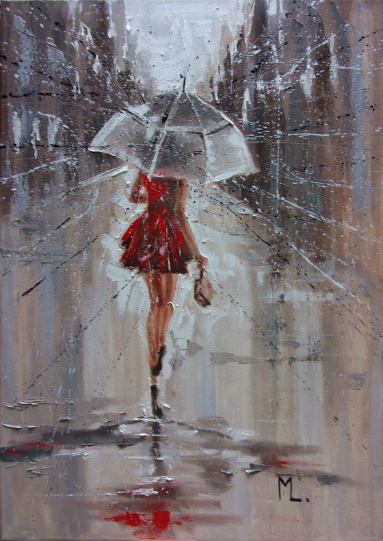 " RAIN IN AUGUST "   street spring summer original painting CITY palette knife GIFT