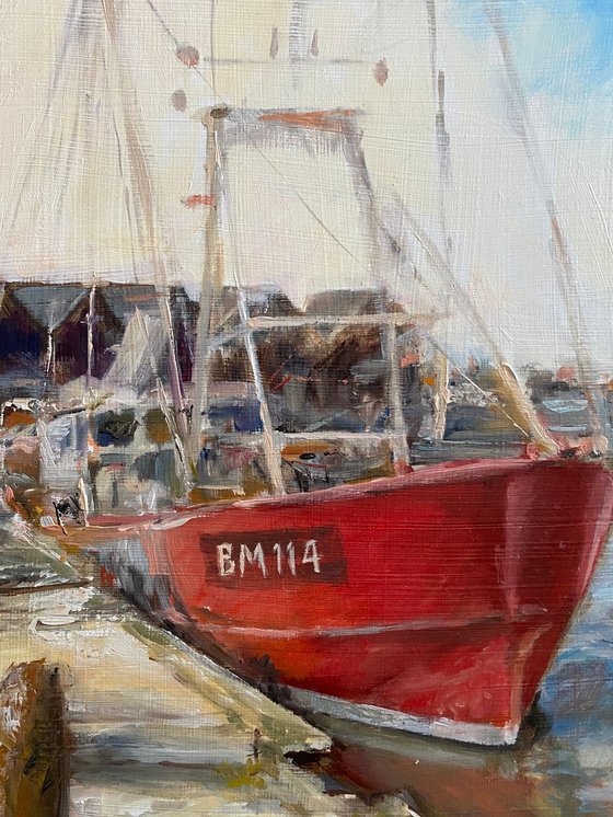 Red Boat; Whitstable Harbour-Impressionist oil painting.