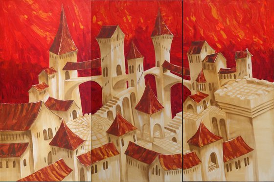 XXL surrealistic old town orange cityscape in Italy palette knife S038 extra Large painting 120x190x4 cm  red decor original big art ready to hang painting acrylic on stretched canvas glossy wall art