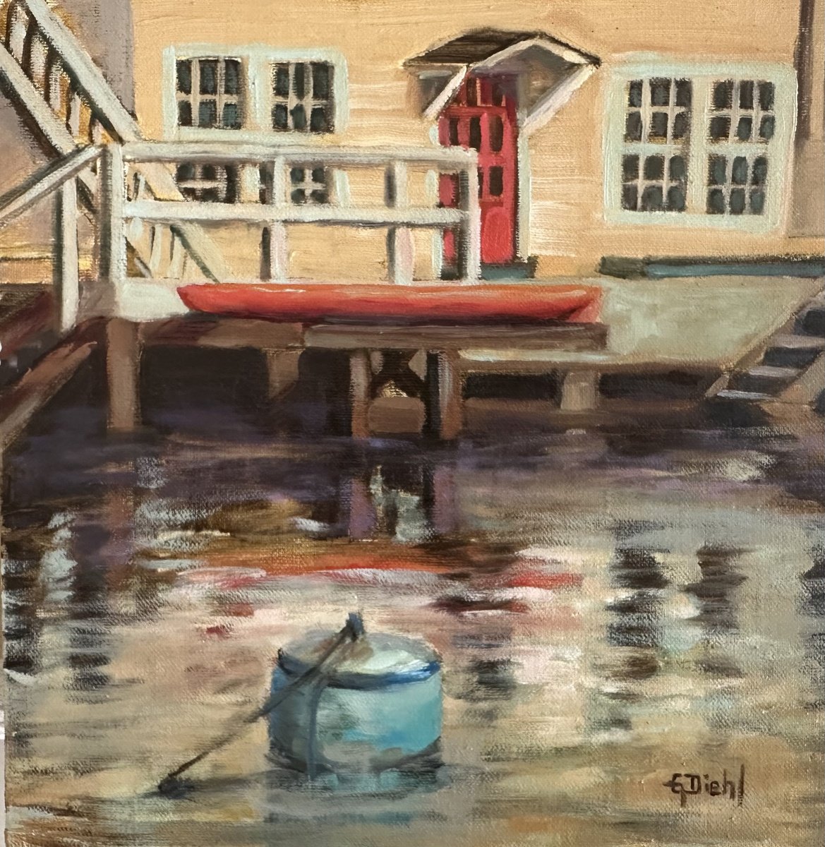 Impressionistic Landscape Oil Painting By Grace Diehl, 8 X 8, Red Door, Original Artwork