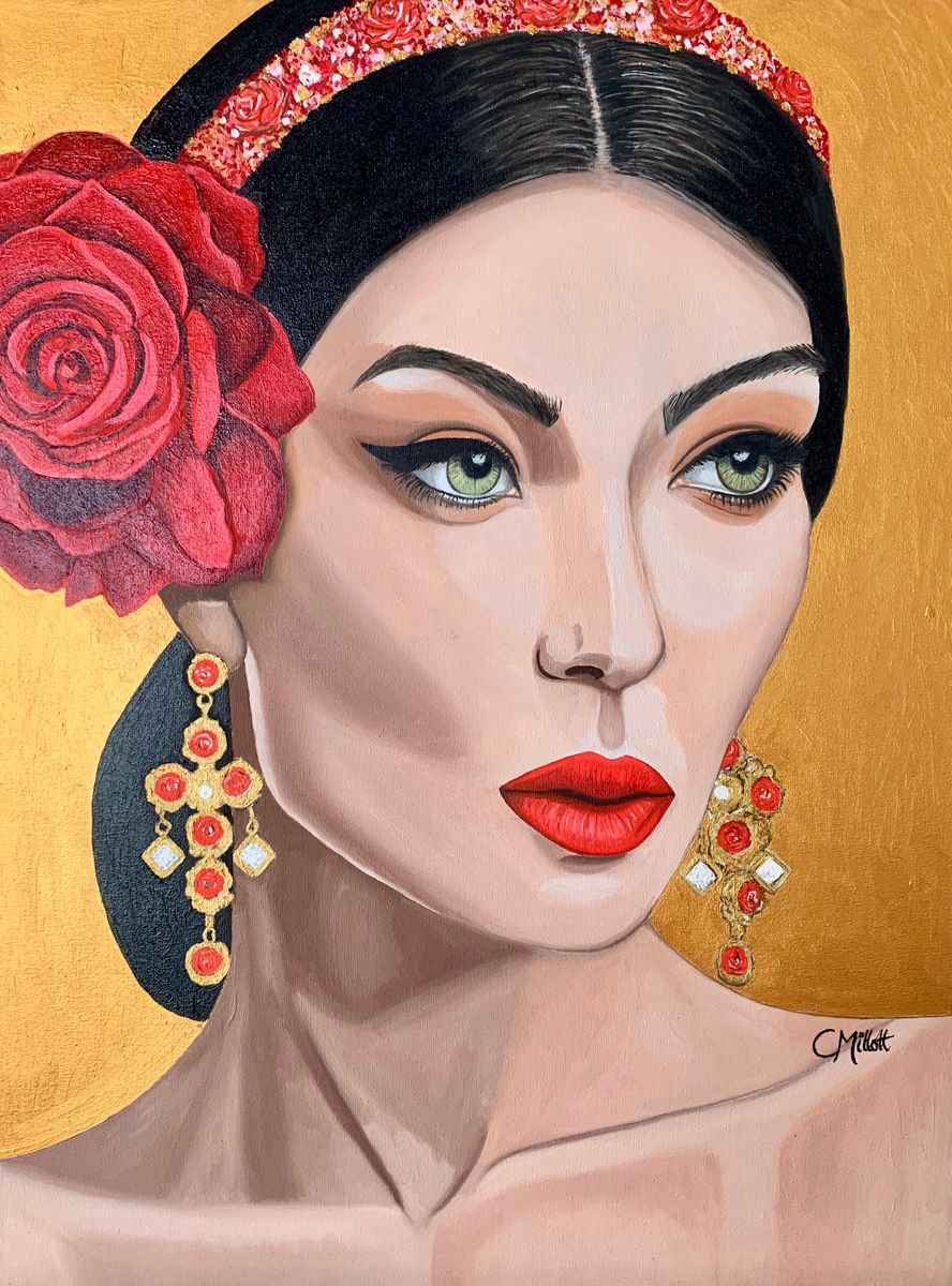 Photorealistic Portrait Oil Painting By Caroline Millott, 19 X 25, Beautiful Flamenco 2, Original Artwork