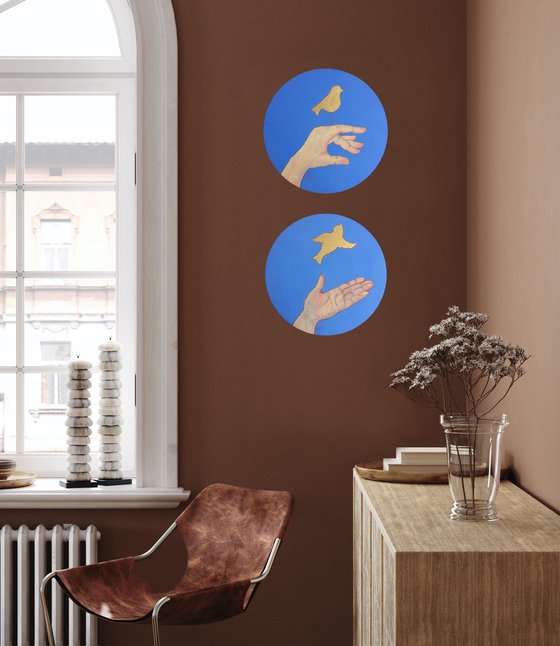 Golden rules of Life. I accept and I release - Diptych round mixed media paintings