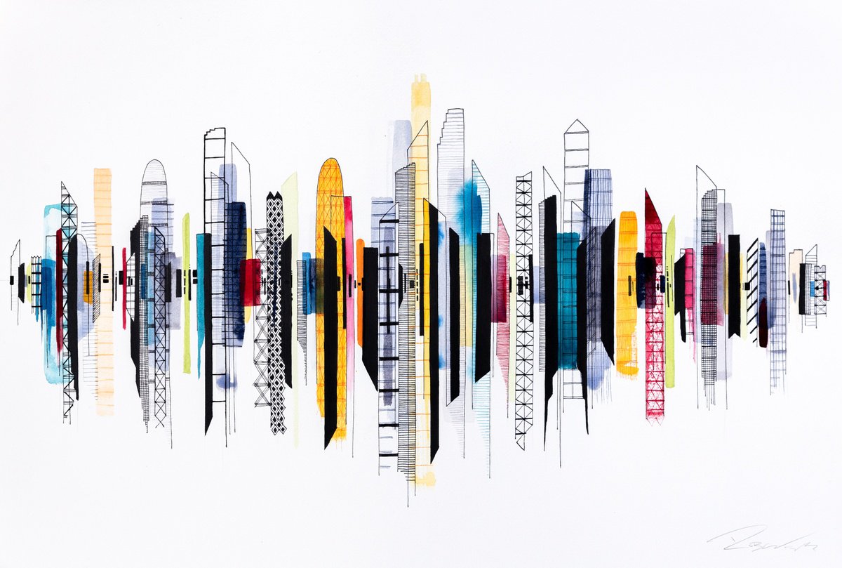 Graphic Cityscapes Watercolour By Rob Wass, 24 X 16", Cityscape 56, Original Artwork