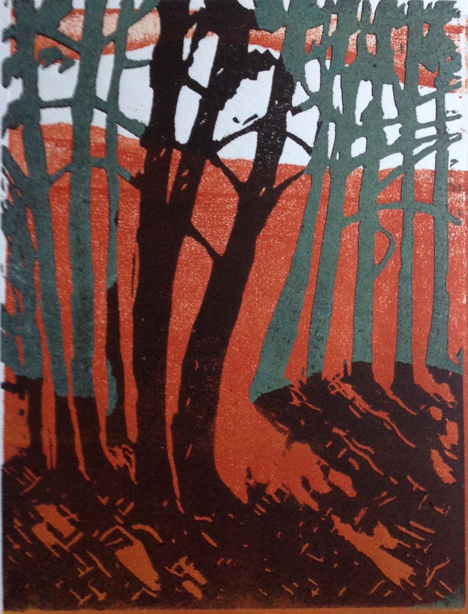 Organic Landscape Linocut By Sandra Haney, 6 X 8", Trees And Shadows, Original Artwork