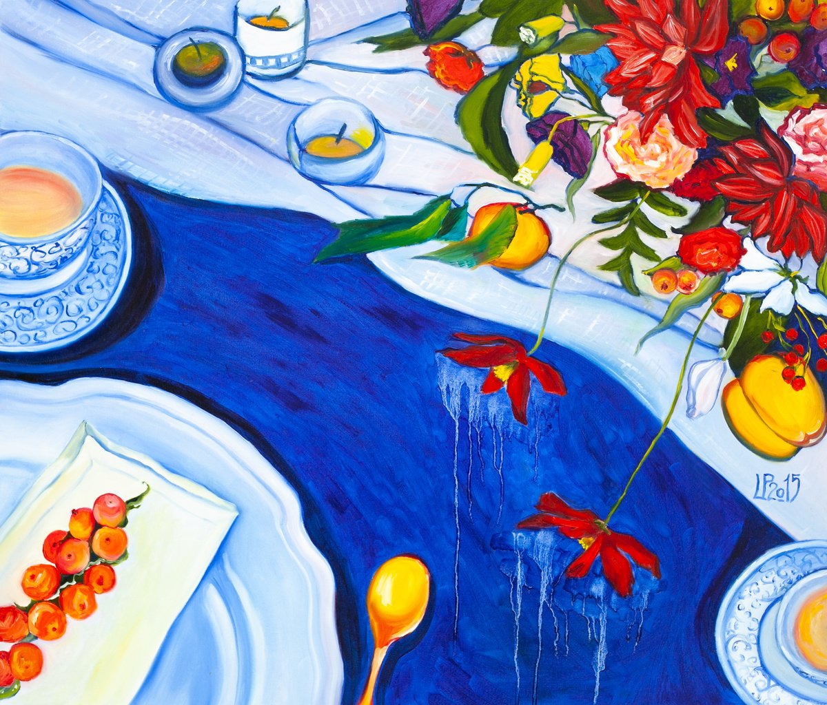 Still Life Oil Painting By Liudmila Pisliakova, 28 X 24", Tea Time, Original Artwork