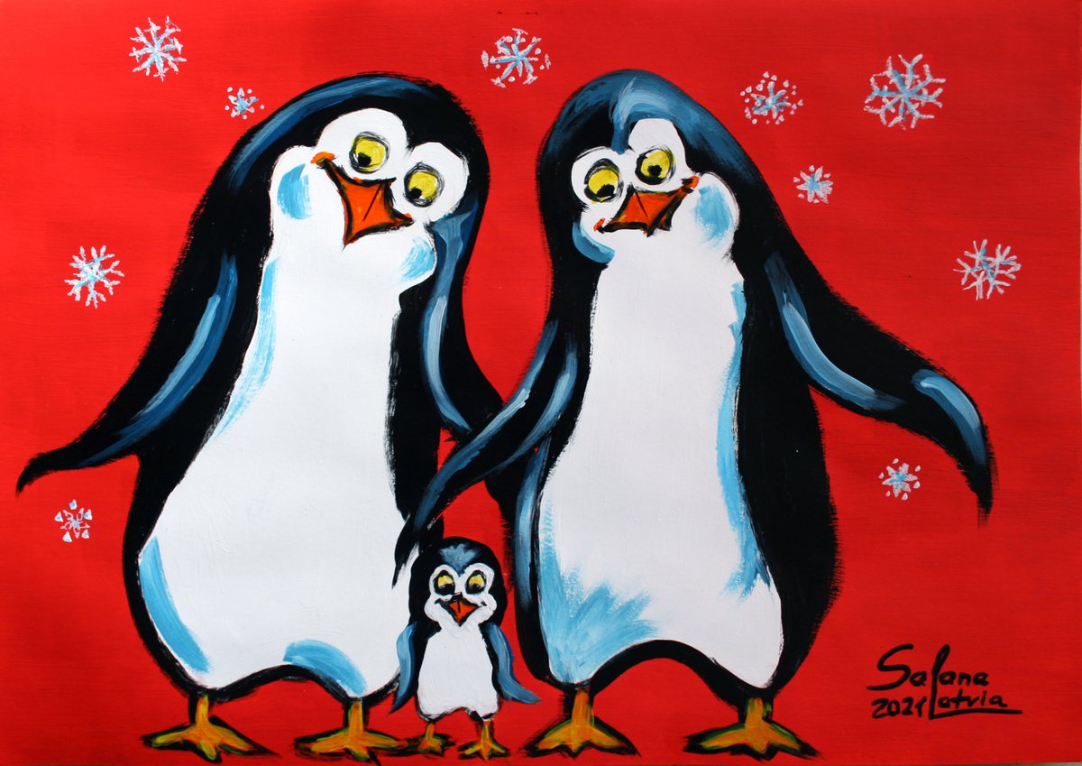 Naive Animal Acrylic Painting By Salana Art / Svetlana Samovarova, 17 X 12", Penguins, Original Artwork