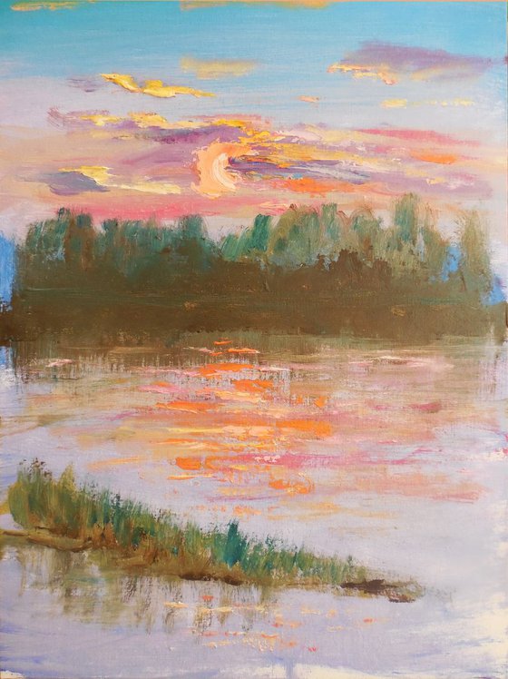 Pink sunset at the river. Plein air painting