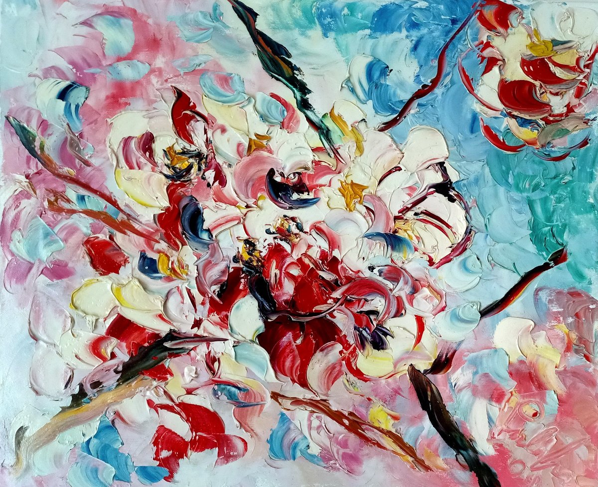 Impressionistic Abstract Oil Painting By Antonino Puliafico, 24 X 20, Fiori Di Pesco, Original Artwork