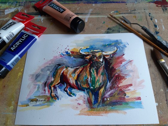 "El Toro", original acrylic painting on paper, 30x40cm