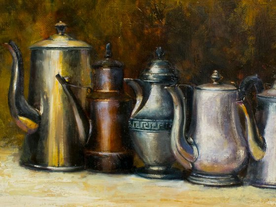 "Nosy team" still life teapots liGHt original painting  GIFT (2016)
