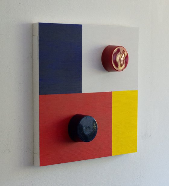 "Available Sold (Mondriaan)" (35x35x7cm) - Unique sculpture on wood (abstract, Mondriaan, original, painting, acrylic, resin, wood, 3D)