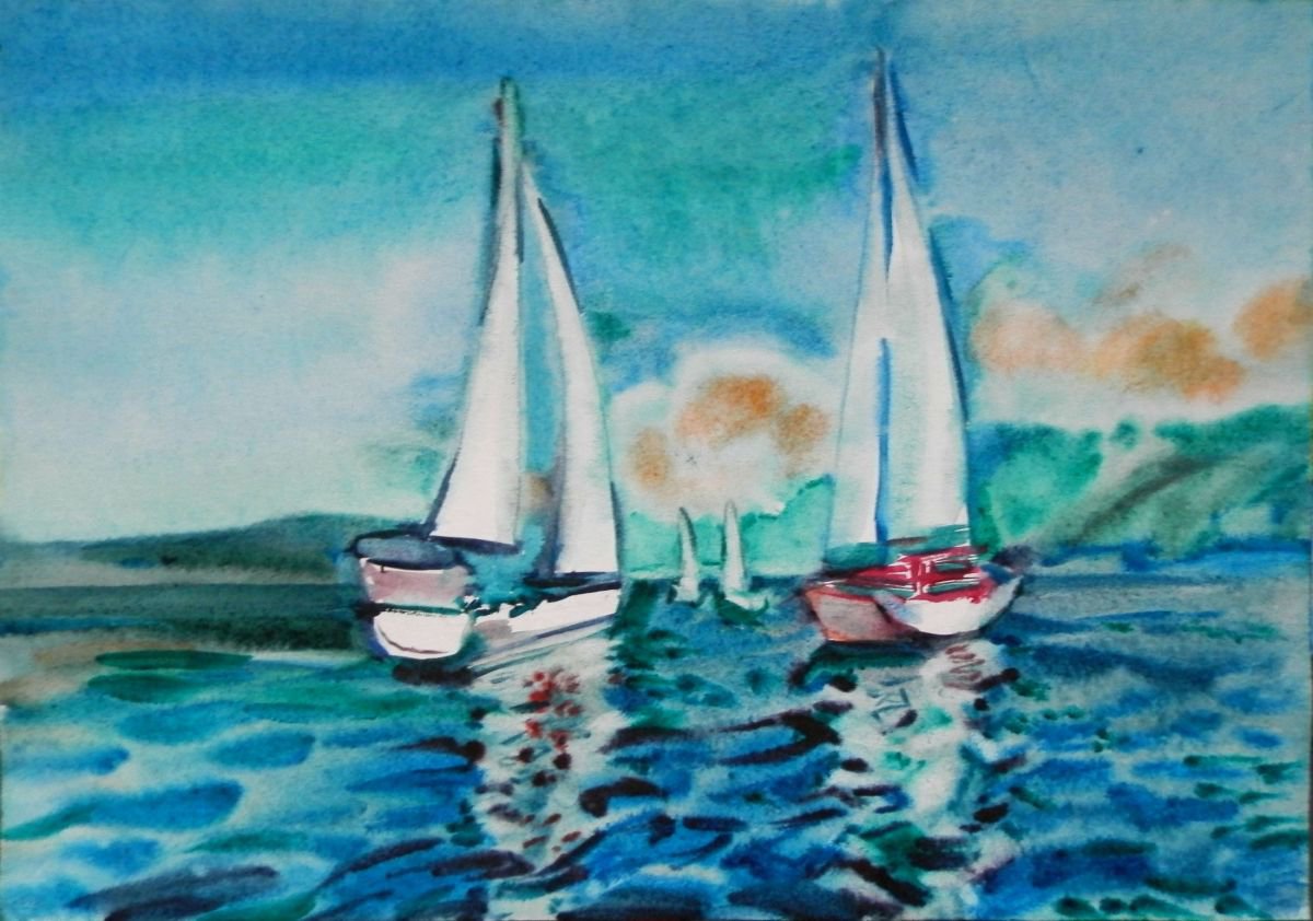 Yachts, watercolor painting 51x35,5 cm by Valentina Kachina