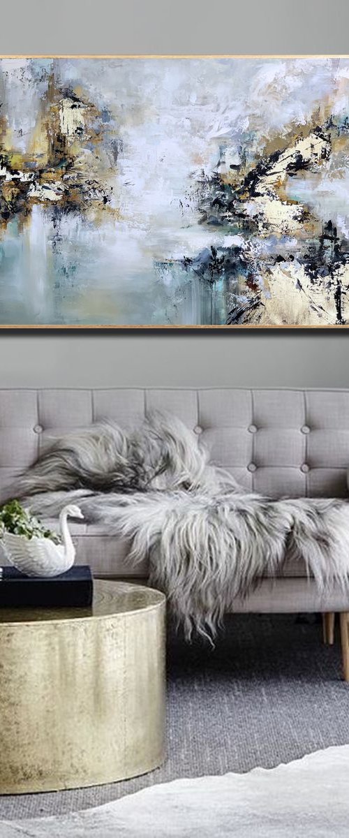 Amber Horizon - Abstract Painting 60" x 30" Large Abstract Gold Leaf Soft Colors White Gray Painting by Lana Guise