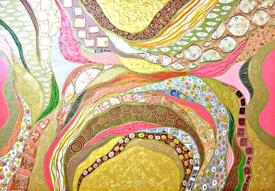 Coral sunset - Relief pink and gold large abstract painting