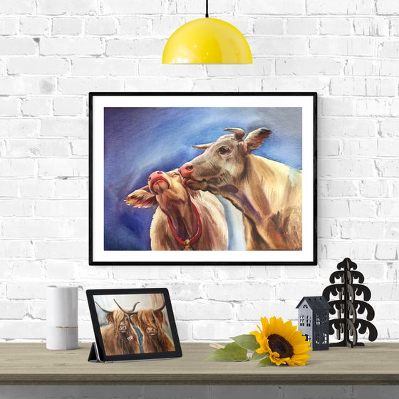 Cow kiss. Romantic painting. Cow painting. Gift for a couple. Present for the wedding