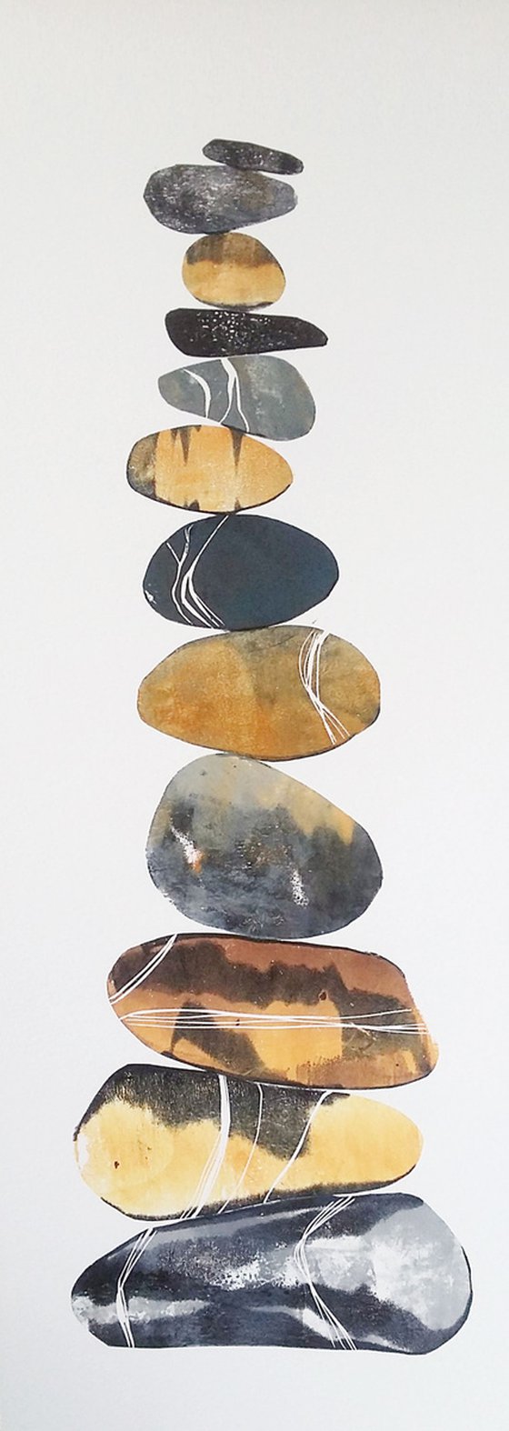 Zen stones - Twelve stones #5  ( banded balancing stones lino/monoprint)