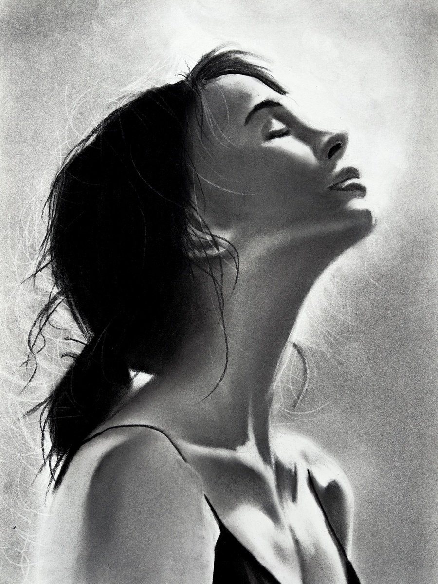 Photorealistic Portrait Charcoal Drawing By Denny Stoekenbroek, 12 X 17, Ethereal Light, Original Artwork