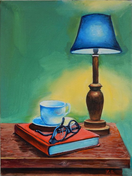 Still life: books and lamp. 30x40cm