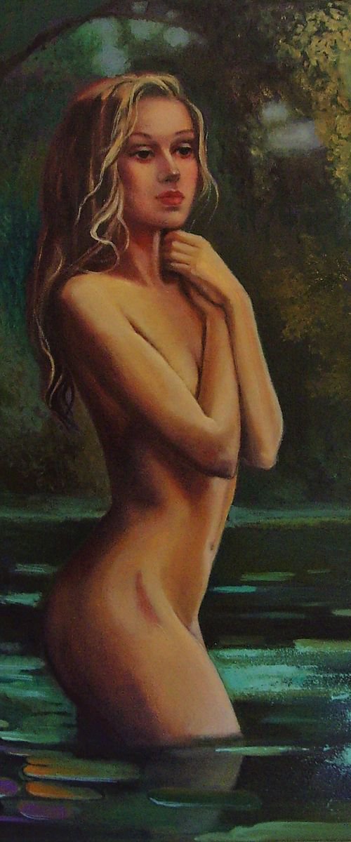 Nude Surrounded by Water Lilies - 50 x 70cm Original oil Painting by Reneta Isin