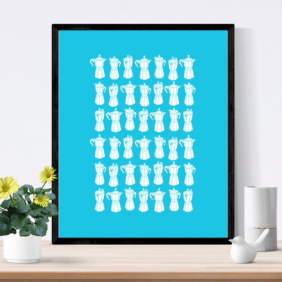 Moka Express Coffee Pot Print in White on Turquoise 40cm x 50cm Size - Framed - FREE UK Delivery