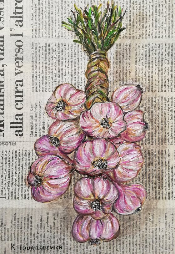 "Garlic String on Newspaper" Original Oil on Canvas Board Painting 12 by 8 inches (30x20 cm)