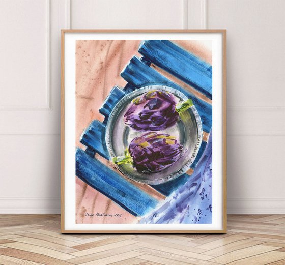 Artichokes on table original watercolor painting, Italian foof painting, purple flowers artwork, kitchen decor, gift for mother