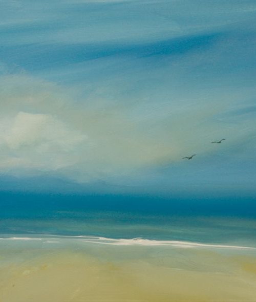 Empty beach and two little birds by Emma Sian Pritchard