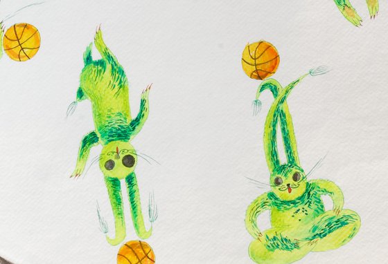 Green bunnies with basketballs