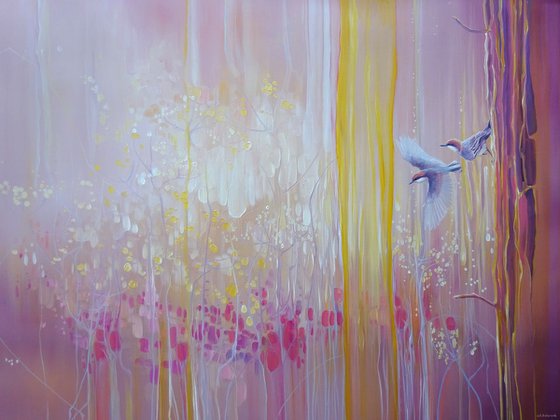 A Piece of Magic - a pink abstract painting with birds and wildflowers