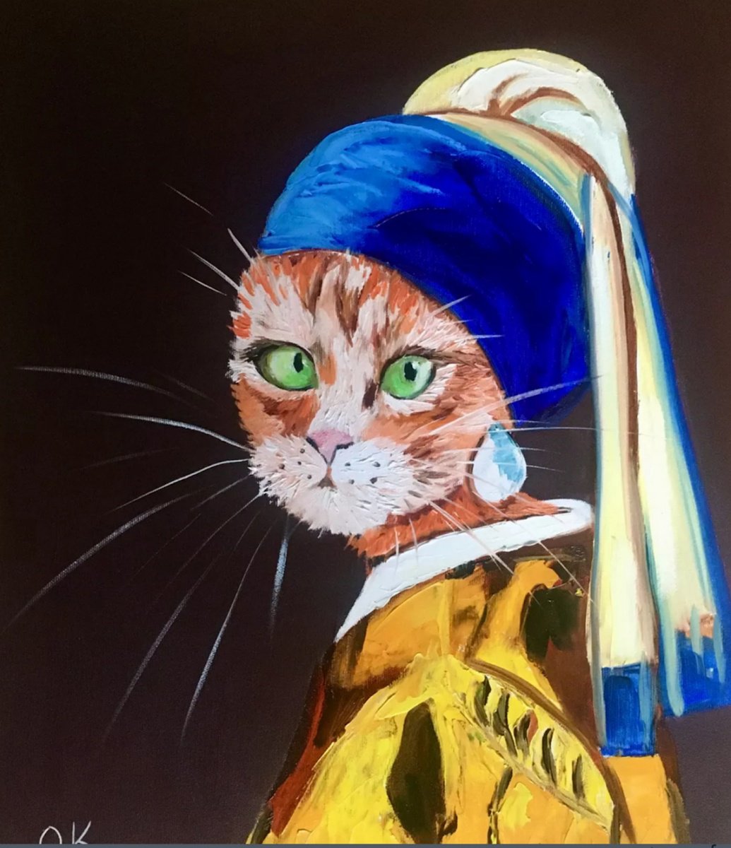 Expressive Animal Oil Painting By Olga Koval, 18 X 20", Cat With The Pearl Earring, Original Artwork
