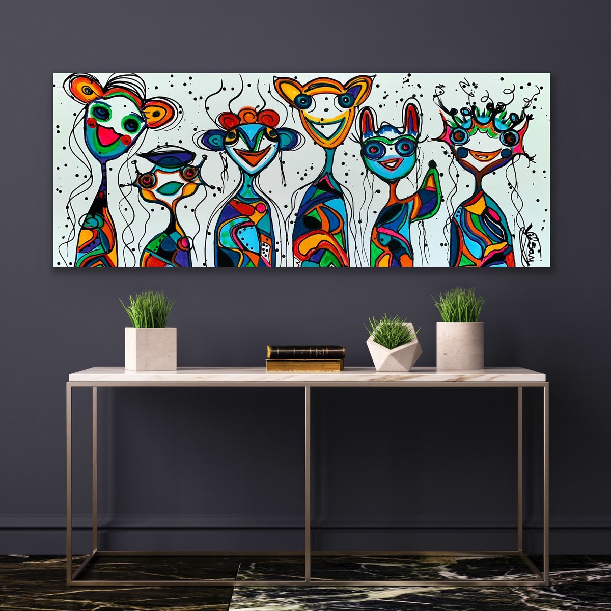 Urban And Pop Abstract Acrylic Painting By Veronica Vilsan, 59 X 24", Friends 102, Original Artwork