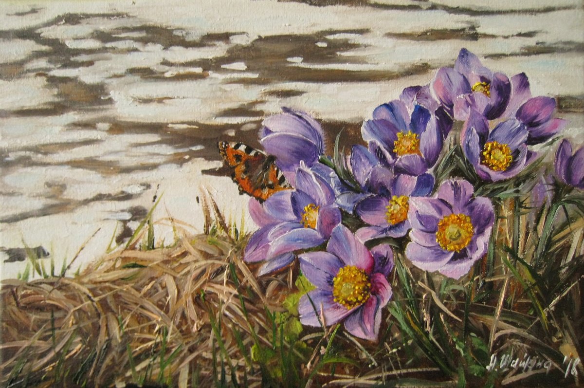 Photorealistic Botanical Oil Painting By Natalia Shaykina, 12 X 8", Spring Crocuses & Butterfly, Original Artwork