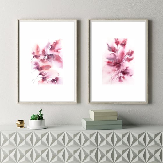 Pink abstract floral watercolor, floral diptych "Floral dreams"