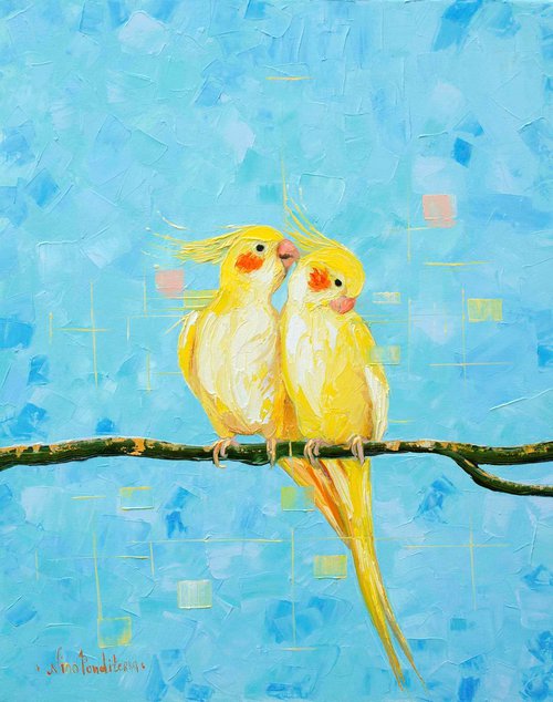 Cockatiels birds - original oil painting by Nino Ponditerra