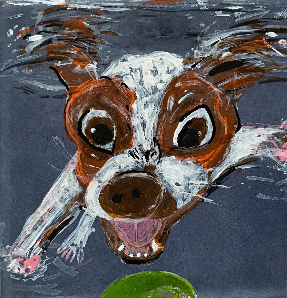 Pets Portrait Acrylic Painting of Dog Underwater Catch Tennis Ball Fun Art Home Decor Gift... by Kumi Muttu