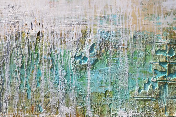 SUMMER RAIN * 63" x 31.5" * ABSTRACT TEXTURED ARTWORK ON CANVAS * WHITE * GREEN * TURQUOISE