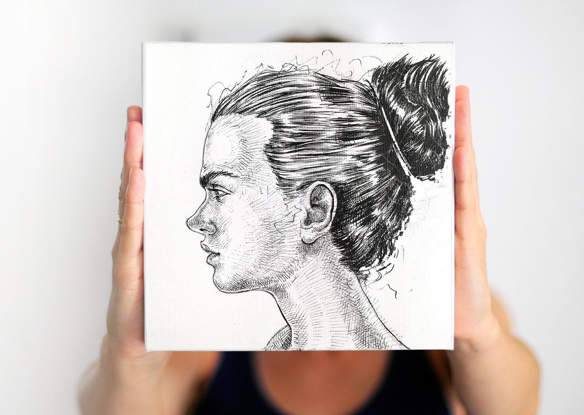 Impressionistic Portrait Ink Drawing By Dario Moschetta, 8 X 8, Portrait 201, Original Artwork