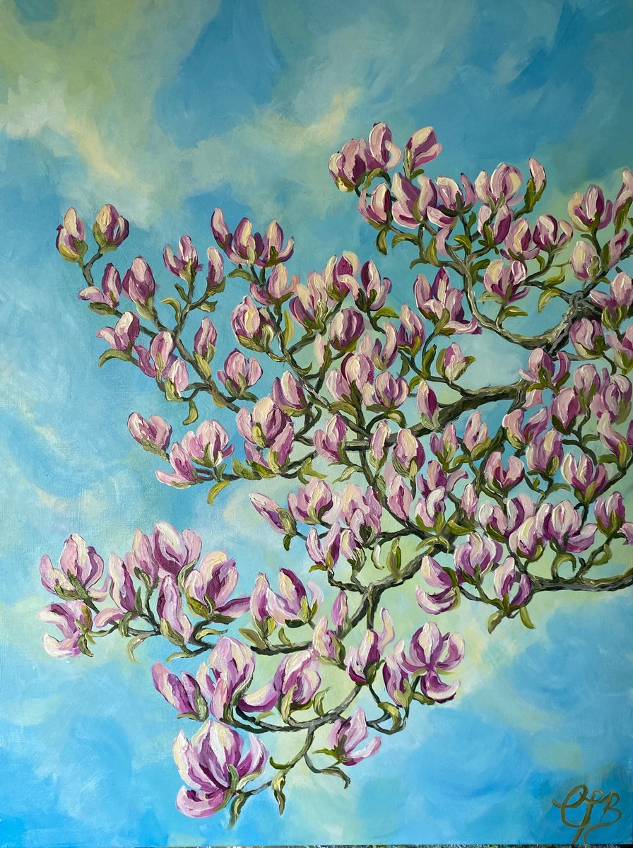Impressionistic Botanical Acrylic Painting By Colette Baumback, 24 X 31, Magnolia In Spring, Original Artwork