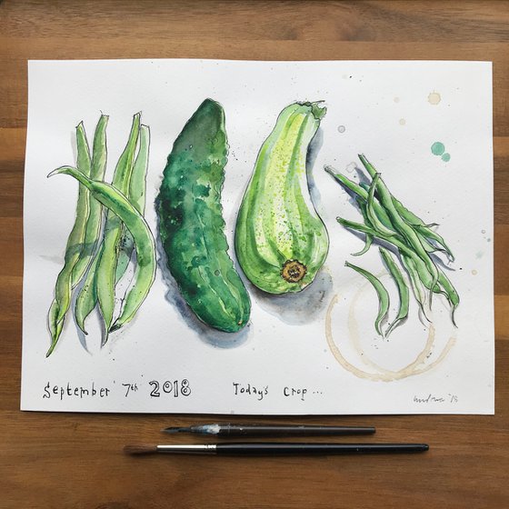 watercolor art kitchen art Vegetables 4 x 6 Food illustration decor Green Beans  Watercolor Painting Original