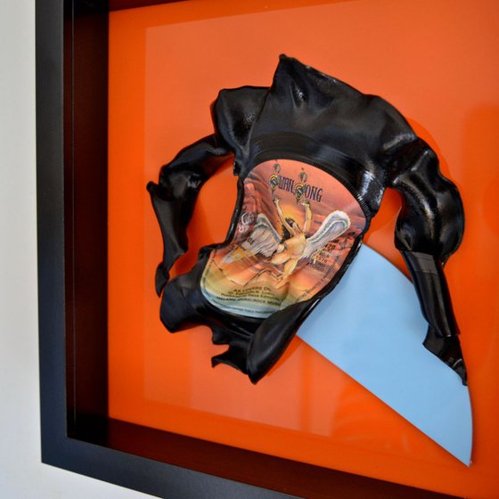 Box Frame Wall Mounted Figurative Abstract Vinyl Music Record Sculpture Orange & Blue